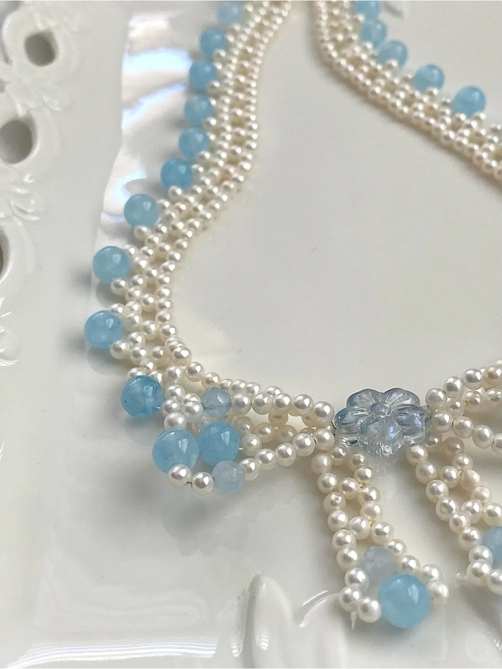 GP89-Hand Braided High Quality Baby Pear And Aquamarine Bow Necklace